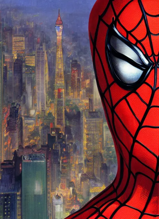 Prompt: close-up portrait of Spiderman, with small eyes painting in the museum, highly detailed, sharp focus, digital painting, artwork by Kinkade, by Victor Adame Minguez by Yuumei by Tom Lovell by Sandro Botticelli