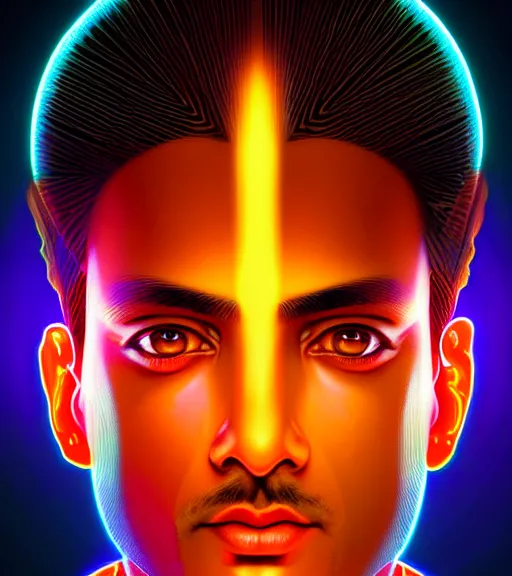 Image similar to symmetry!! indian prince of technology, solid cube of light, hard edges, product render retro - futuristic poster scifi, lasers and neon circuits, brown skin handsome indian prince, intricate, elegant, highly detailed, digital painting, artstation, concept art, smooth, sharp focus, illustration, dreamlike, art by artgerm