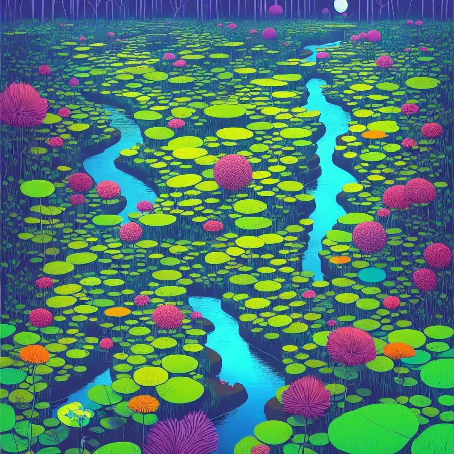 Prompt: ( ( ( gediminas pranckevicius ) ) ) flower garden, river flow through borneo jungle, summer morning, very coherent and colorful high contrast art by james gilleard floralpunk screen printing woodblock, dark shadows, pastel color, hard lighting