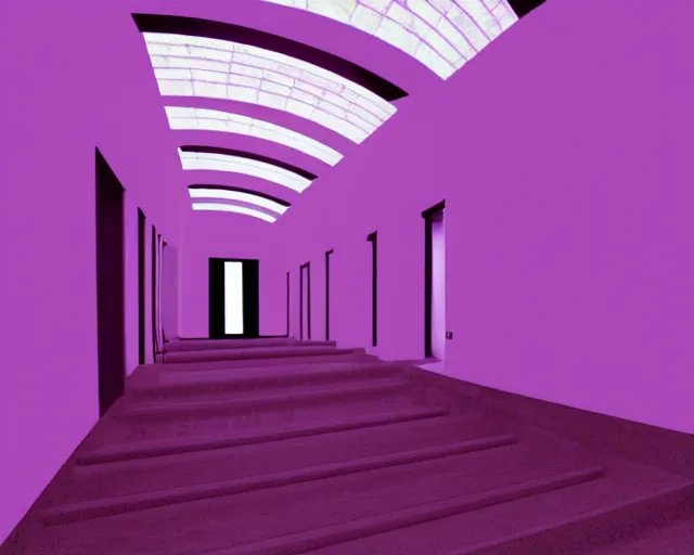 Image similar to a long hallway with a purple wall and some stairs, a hologram by michelangelo, cg society, harlem renaissance, y 2 k aesthetic, vaporwave, 1 9 9 0 s