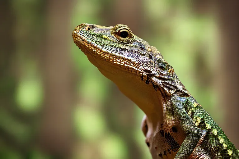 Prompt: photorealistic lizard, deep forest on all background, 5 0 mm, kanon, bokeh