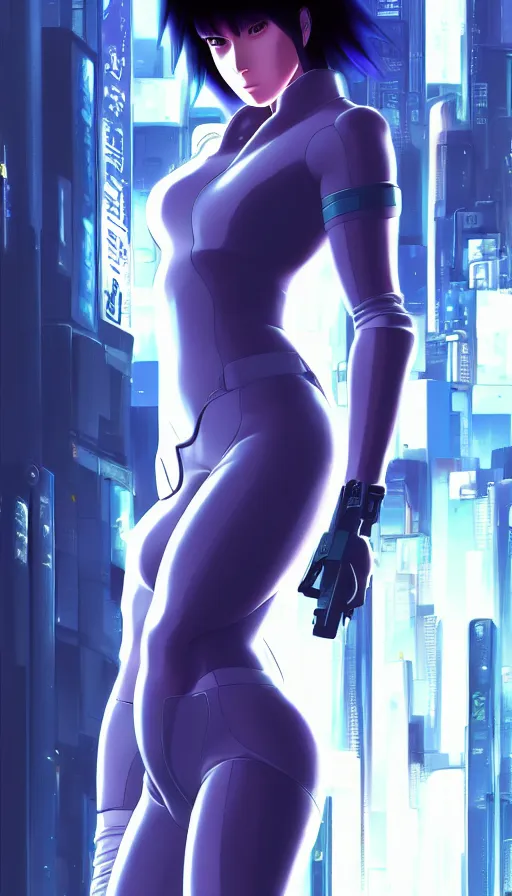 Image similar to a still fullbody portrait of motoko kusanagi ghost in the shell, finely detailed features, closeup at the faces, perfect art, at a cyberpunk city, gapmoe yandere grimdark, trending on pixiv fanbox, by ilya kuvshinov, rossdraws, artgerm