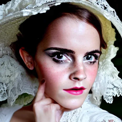 Prompt: big eyes full body fashion model emma watson smokey eyes makeup eye shadow textured film grain fantasy, glow, shimmer as victorian woman in a long white frilly lace dress and a large white hat having tea in a sunroom filled with flowers, roses and lush fern flowers ,intricate, night, highly detailed, dramatic lighting , high quality