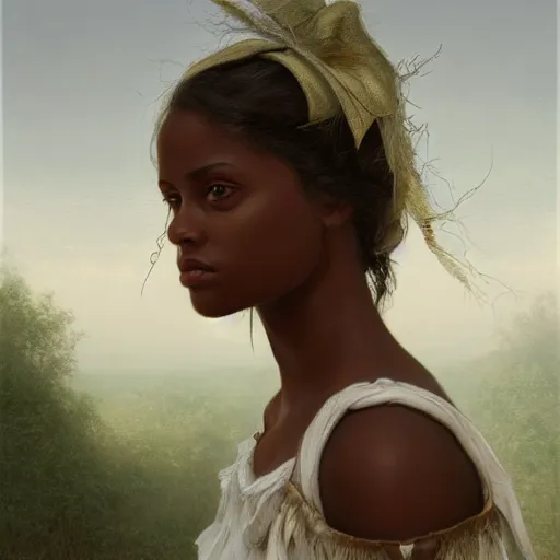 Image similar to artstation concept of a beautiful girl with a bow, brown skin, sweaty skin, symmetrical face, casual white garment, white desert background, shiny colorful, hyperdetailed, artstation trending, world renowned artists, worth1000.com, historic artworks society, antique renewal, cgsociety, by greg rutkowski, by Gustave Doré, Deviantart