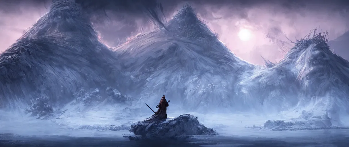 Prompt: digital painting of a frozen ice covered volcano, style sekiro, concept art, high angle, high detail, cold lighting, dark, vivid, beautiful, trending on artstation, by Jordan grimmer, no focus, huge scene, terrain visible