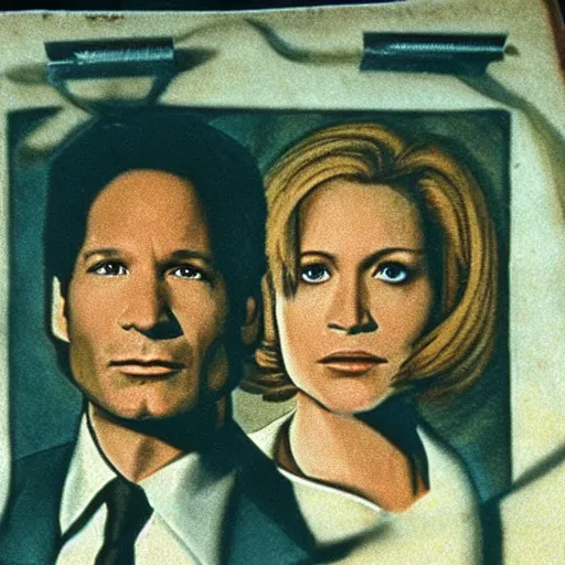 Prompt: a scan of an ancient piece of art on parchment depicting a still of the tv show the x - files ( 1 9 9 3 )