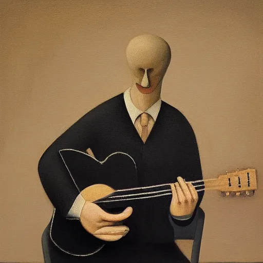 Image similar to a painting of a man playing the guitar by gertrude abercrombie. precisionism, surrealism, dark, low contrast, featured on pixiv, art on instagram, detailed painting