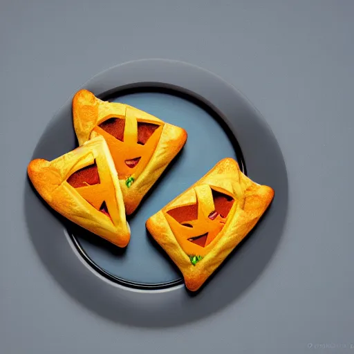 Image similar to concept art full isometric view of a plate with three delicious pumpkin turnovers with glazing in the style of pixar, octane render, blender, arstation