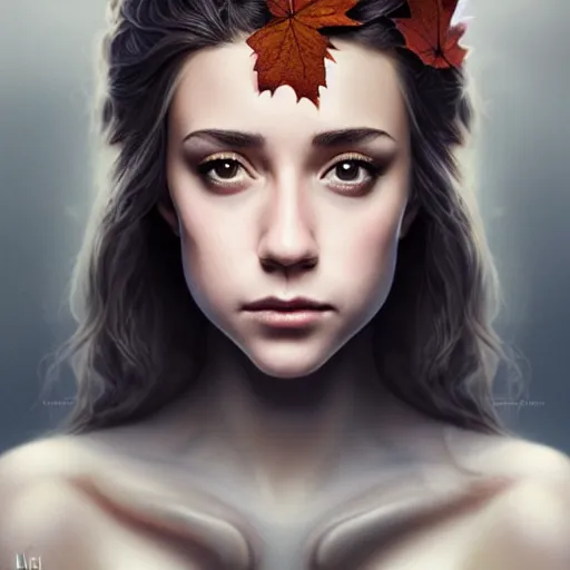 Image similar to gorgeous female stella maeve magician, realistic character concept, medium shot, elegant pose, spooky, illustration, symmetrical face and body, cinematic lighting, detailed realistic symmetrical eyes, 8 k, joshua middleton, artgerm, akihiko yoshida, tom bagshaw, single face, insanely detailed and intricate elegant, autumn leaves