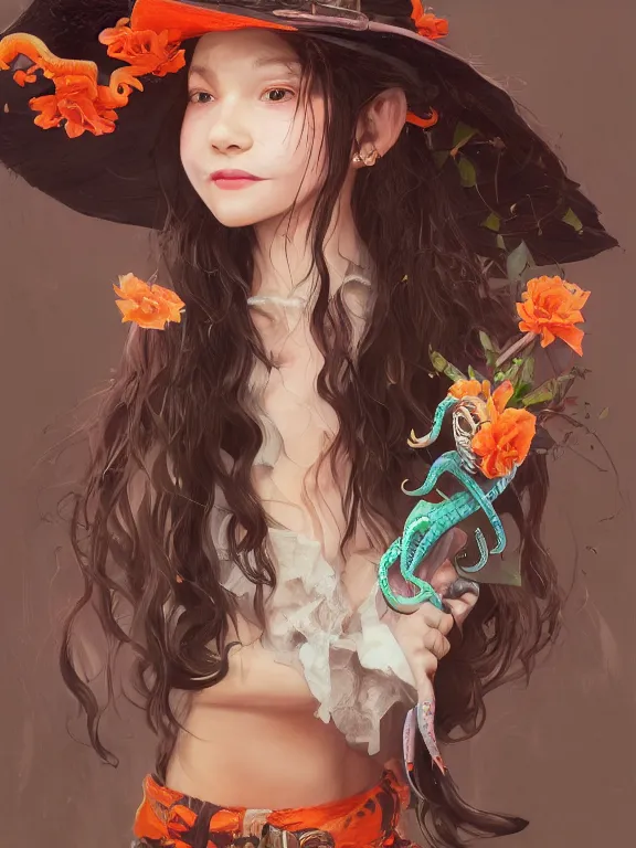 Prompt: Full shot of a cute mischievous young witch about to get up to some trouble with her snek familiar. Latin American fashion. Floral patterns. Black and Orange palette. Danger noodle. Magic Snake. Latina girl. brown skin. defined facial features, symmetrical facial features. Smiling. By Ruan Jia and Artgerm and Range Murata and WLOP and Ross Tran and William-Adolphe Bouguereau. Key Art. Fantasy Illustration. award winning, Artstation, intricate details, realistic, Hyperdetailed, 8k resolution.