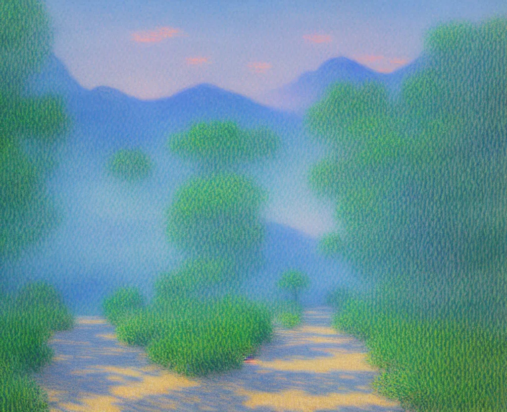 Image similar to a landscape pastel in the style of noriyoshi ohrai and monet of a blue reflective path to some misty mountains in the background. along the path stands pillars that reflect in the water. key art. 4 k fantasy