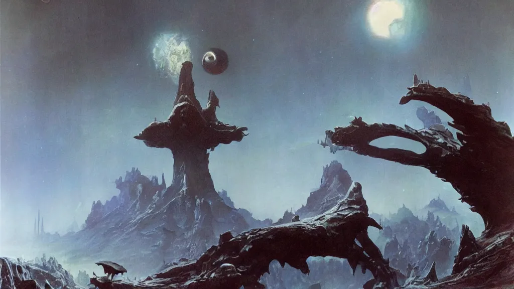 Prompt: surreal eerie alien planet empire, a creature emerges from the dark by frank frazetta and bruce pennington, cinematic matte painting