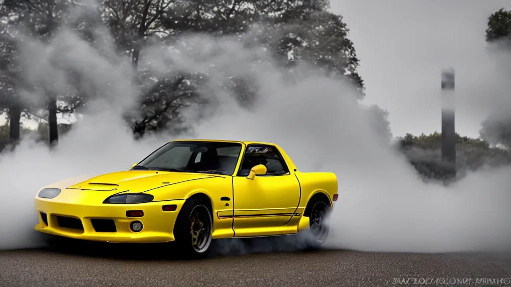 Image similar to a yellow mazda rx 7 with body kit, cinematic, nikon d 7 5 0, long exposure, white balance, 8 k, led, lumen global illumination, fog, ray tracing reflections, fxaa, rtx, post - production