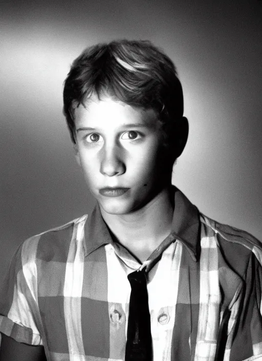 Prompt: high school year book photo of jason from the friday the 1 3 th, film shot, portrait photography, soft lighting, soft focus