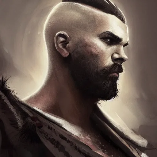 Prompt: d & d portrait of a grey goliath with face tattoos, sides of head shaved with black ponytail, black beard, art by deiv calviz, splash art, natural light, elegant, intricate, fantasy, atmospheric lighting, by greg rutkowski, hd wallpaper, ultra high details, cinematic composition, professional unique master piece