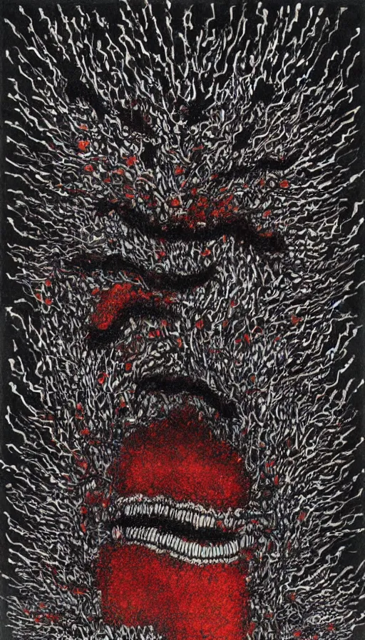 Image similar to a storm vortex made of many demonic eyes and teeth, by zeng fanzhi