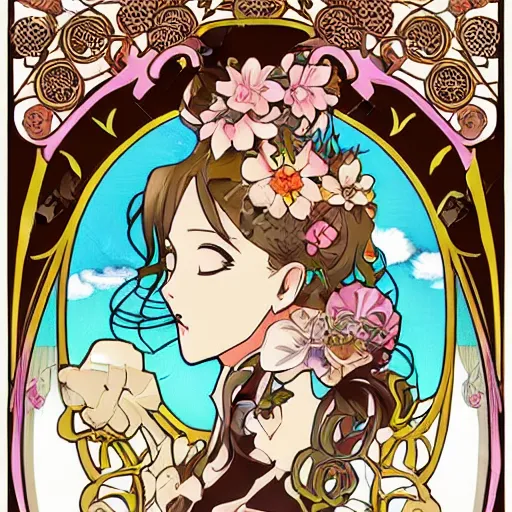 Image similar to anime manga skull portrait pinup girl pretty clouds disney cartoon skeleton illustration style by Alphonse Mucha pop art nouveau