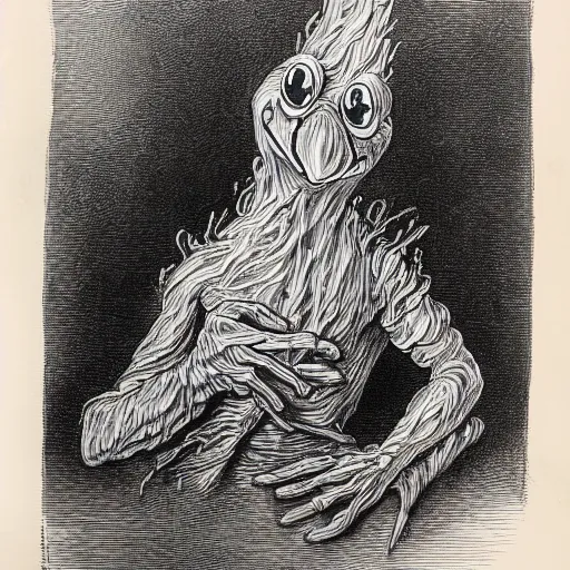 Image similar to full body grayscale drawing by Gustave Dore of Kermit the Frog, swirling flames