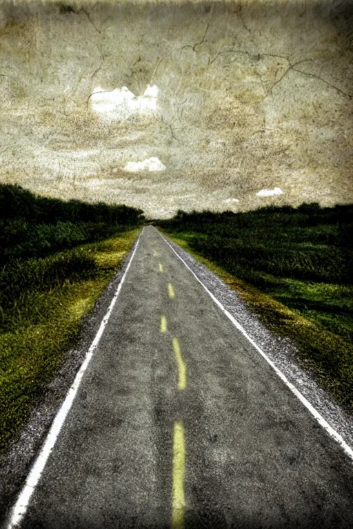 Image similar to walking down a single lane highway in a dream, tonemapped, photorealistic