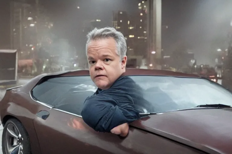 Image similar to tim robbins from the netflix show i think you should leave driving a coffin, movie still, 8 k, from the newest fast and furious movie