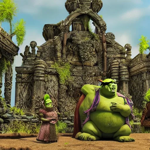 Prompt: Shrek statues in an ancient collapsing temple to Shrek discovered deep in the swamps, 4k render, octane, ancient ogre imagery, tribal war god, dark amazonian temple, onion statue, gargoyle-like decorations in the style of Donkey. hyper-detailed, intricate, hallowed swampland, Shrek (2003) by DreamWorks animation