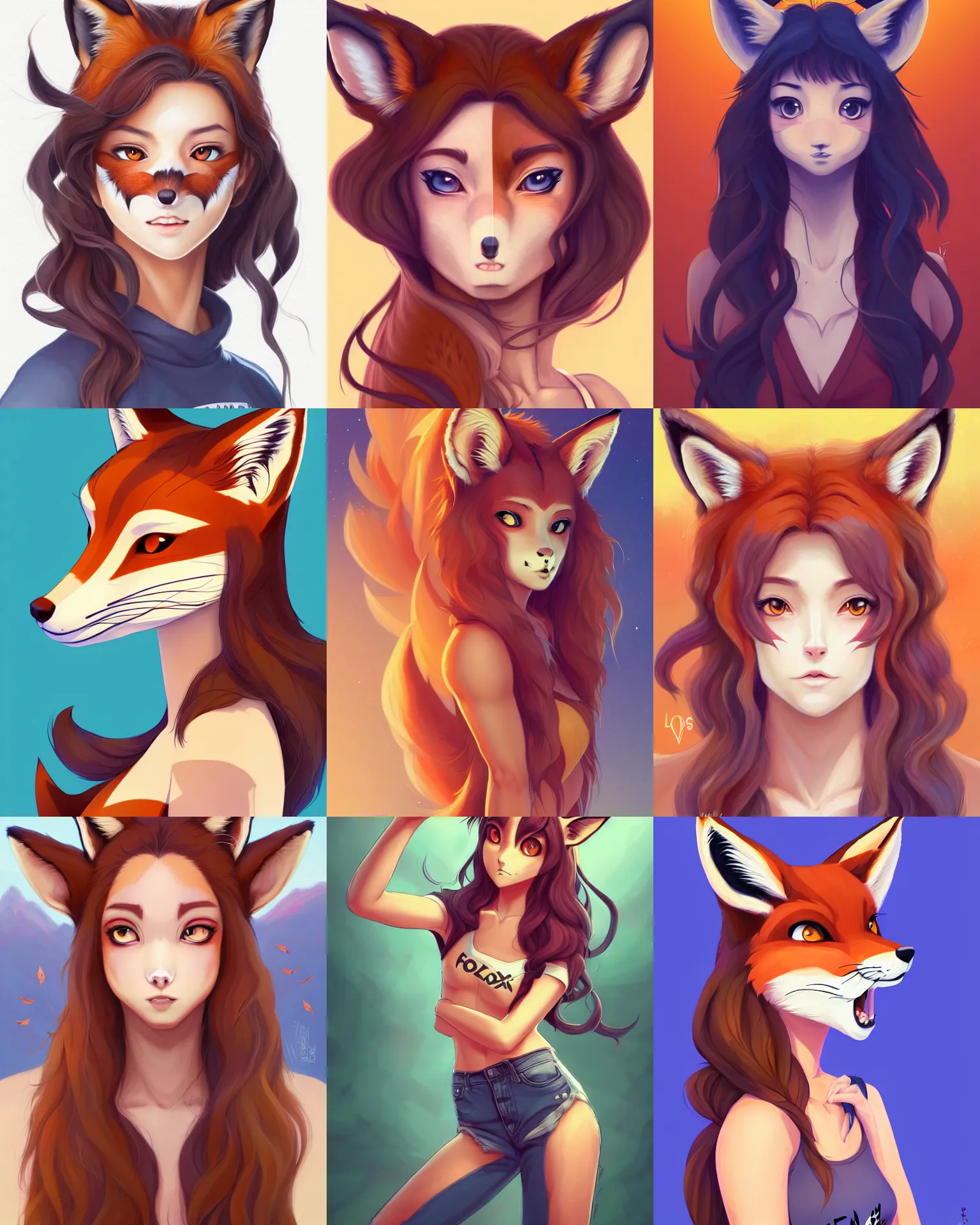 Image similar to fullbody portrait of wild half - fox woman with fox nose and ears, wearing summer jeans shorts and tshirt, anime art, concept art, detailed attractive face with fox nose and fox mouth, symmetrical, trending on pixiv, by lois van baarle by sung choi by john kirby artgerm style pascal blanche and magali villeneuve