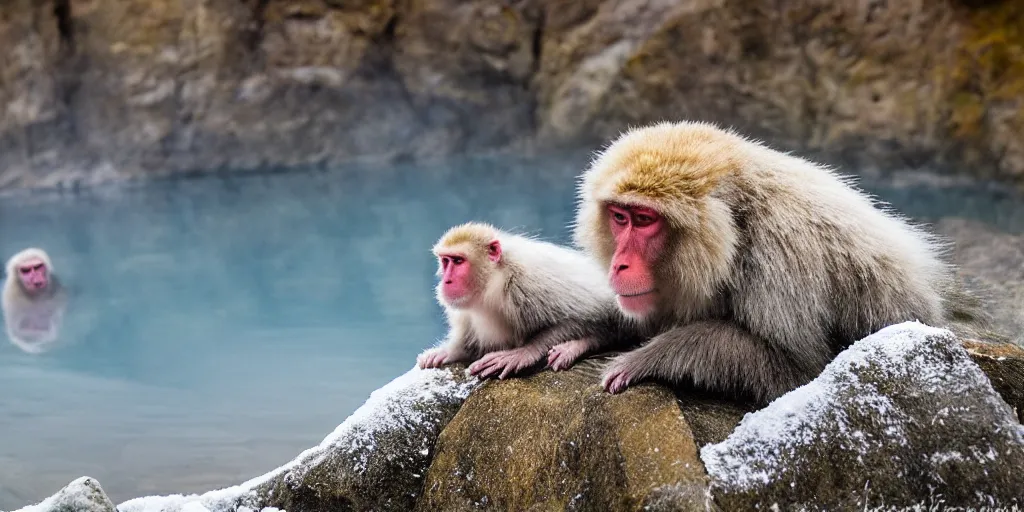 Prompt: scenic mountain setting, a family of snow monkeys gather at the natural spa to get warm, highly detailed, snow flurry, cold, steamy, desaturated blue, inquisitive, striking, contemplative, happy, content, warm, watercolor, dry brush