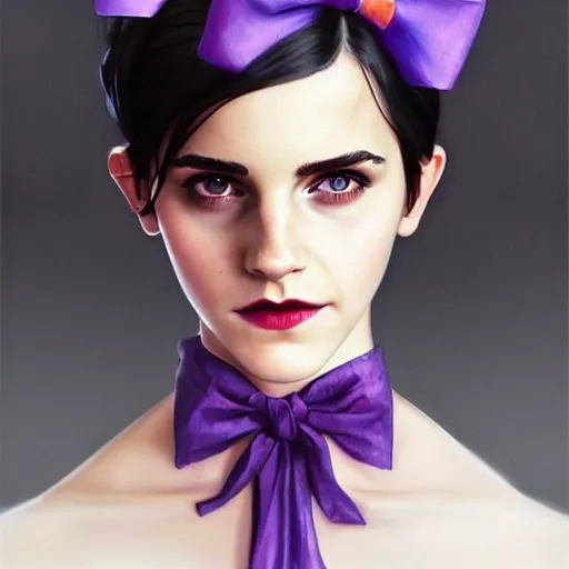 Prompt: emma watson with black hair, white bangs, red irises, purple lipstick and a purple hairband with a bow, portrait, highly detailed, digital painting, artstation, concept art, sharp focus, illustration, art by artgerm and greg rutkowski and alphonse mucha