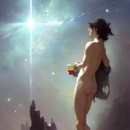 Image similar to A man drinking a cup of cosmic energy bright light, illustration by Ruan Jia and Mandy Jurgens and William-Adolphe Bouguereau, Artgerm, 4k, digital art, surreal, anime style, space dandy style, highly detailed, godsend, artstation, digital painting, concept art, smooth, sharp focus, illustration by Ruan Jia and Mandy Jurgens and William-Adolphe Bouguereau, Artgerm