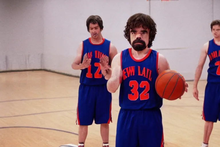 Image similar to peter dinklage playing basketball movie still, from the new slam dunk ernest movie, 8 k, realistic