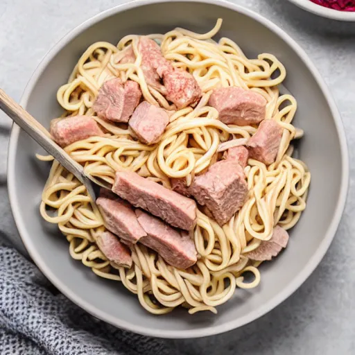 Image similar to white pink meat chunks noodles in styrofoam bowl,