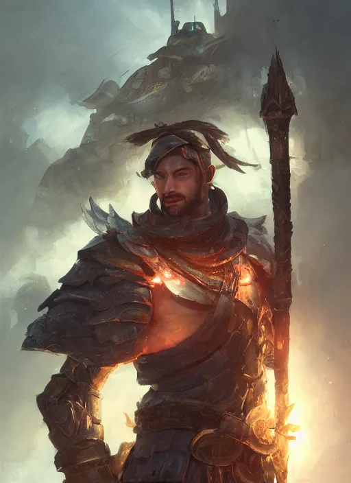 Prompt: portrait of man holding a scepter sitting on a tank, d & d, heartstone, digital painting, volumetric light, intricate, sharp, focus, bloom, illustration, highly detailed, concept art, matte, ruan jia, randy vargas, greg rutkowski