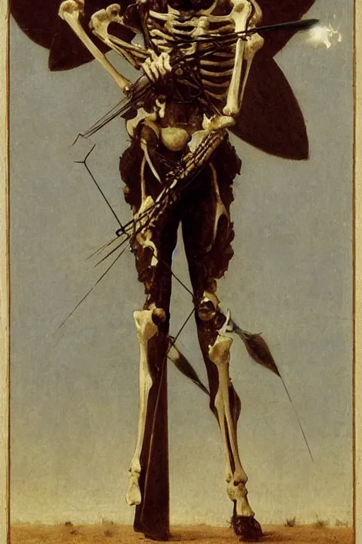 Image similar to portrait of a skeleton archer with bow and arrow in the middle world, wearing helmets with wings, wearing european style armor, holding a sword in both hands, symmetrical, solemn, sacred, aura, by bouguereau