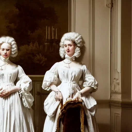 Image similar to photograph of two women with 18. century white costumes and white big baroque curly wigs, standing in a hall, candle light only