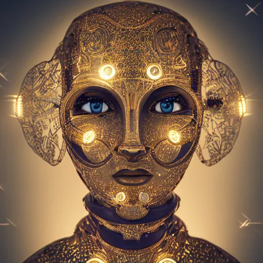 Image similar to beautiful centered Fine art photo portrait of persian girl as a solarpunk robotic humanoid, persian mechanical parts with led lights, decorated with golden persian ornaments, photorealistic, white background, highly detailed and intricate, sunset lighting, HDR 8k