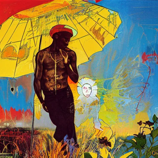 Image similar to after the rain comes sun, after the sun comes rain again. by basquiat and mucha and wlop