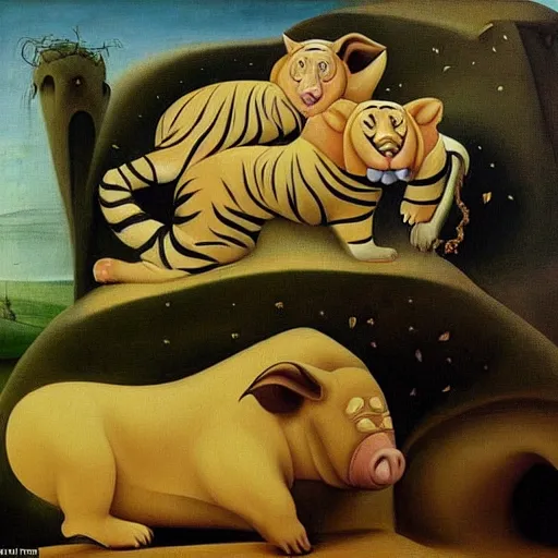 Prompt: in a dream world inspired by dunes, a tiger tries to close an important deal, a pig tries to prevent the success of the deal, in the style of fernando botero and hieronymus bosch, epic composition, insanely quality, masterpiece