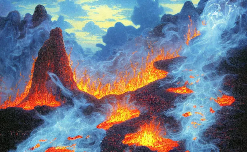 Prompt: Hell,fire,lava,demons, painted by Thomas Kinkade,