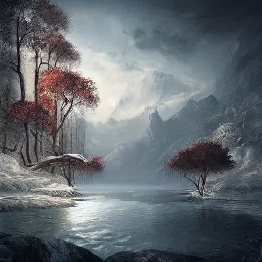 Prompt: michal karcz cartoon painting of a beautiful landscape. , horror theme, detailed, elegant, intricate, 4k,