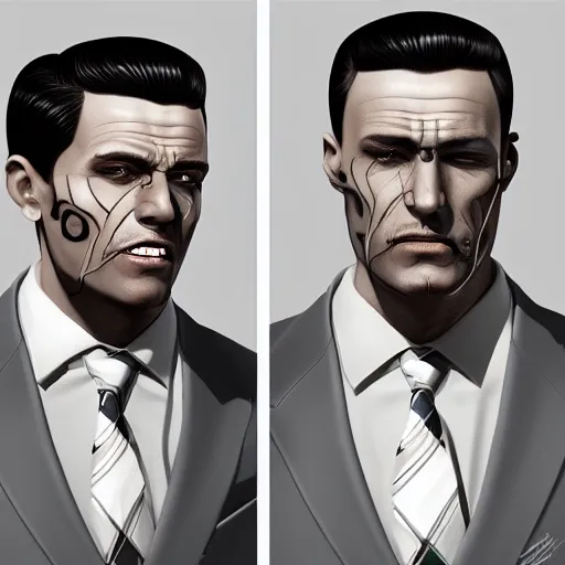 Image similar to a digital painting of a man with facial tattoos and slick hair in a suit and tie, a character portrait by echo chernik, cgsociety, photorealism, ilya kuvshinov, 2 d game art, artstation hd