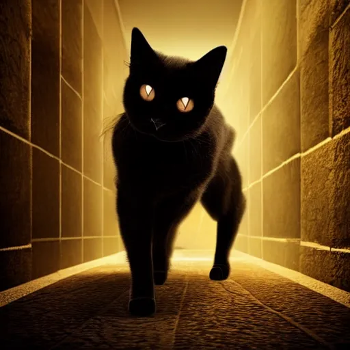 Image similar to a full-body shot of a black void cat with golden glowing eyes at the end of a scary hallway, fairytale, nightmare, hauntingly beautiful, elegant, super detailed, Octane render, reflections