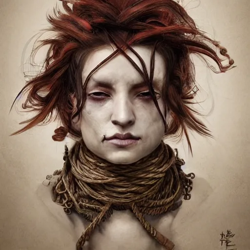 Image similar to portrait of a Shibari rope wrapped face and neck, headshot, insanely nice professional hair style, dramatic hair color, digital painting, of a old 15th century, old cyborg merchant, amber jewels, baroque, ornate clothing, scifi, realistic, hyperdetailed, chiaroscuro, concept art, art by Franz Hals and Jon Foster and Ayami Kojima and Amano and Karol Bak,