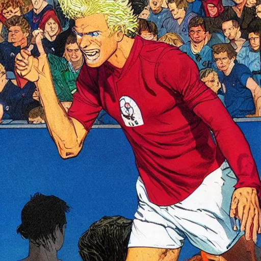 Prompt: a blonde man studying a soccer game. happy, colorful Epic portrait by james gurney and mœbius.