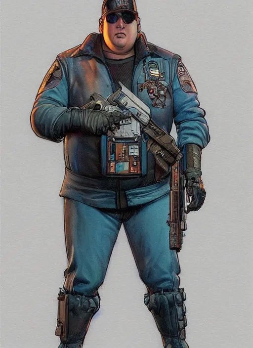 Image similar to cyberpunk paul blart mall cop. portrait by mœbius and will eisner and gil elvgren and pixar. realistic proportions. cyberpunk 2 0 7 7, apex, blade runner 2 0 4 9 concept art. cel shading. attractive face. thick lines.