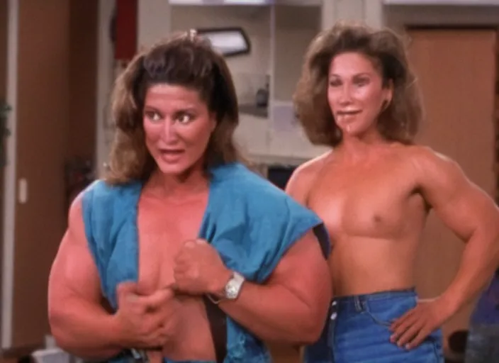 Image similar to Funny TV show in 90s. Color VHS footage. A very muscular miner woman.