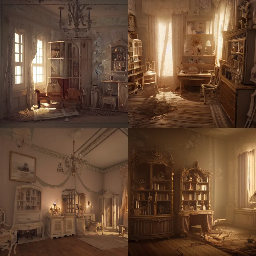 Prompt: photo of a Victorian dollhouse, interior view, extreme details, soft lighting, realistic octane render, 8k