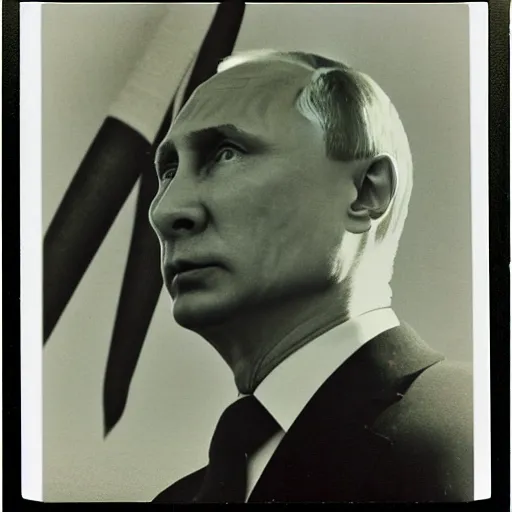Image similar to Vladimir putin looking at an icbm missile. polaroid. bleak.