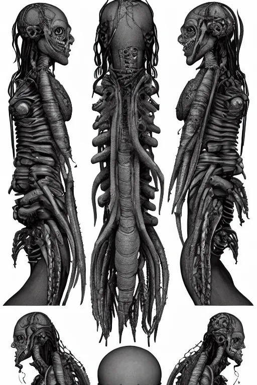 Image similar to cyborg dreadlock mutant with gunmetal grey skin, medical anatomy, very symmetrical face, highly detailed, tentacles mecha implants, three - perspective / three - view reference sheet ( front / back / side ), in the style of dan ouellette, dren from splice, hr giger, sil from species, artstation, unreal engine