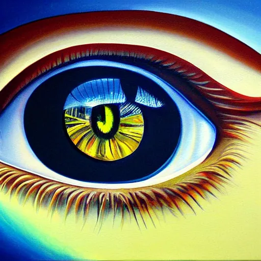 Prompt: beautiful painting reflection mountains in the pupil eye, high resolution, high detail, 4K, 8K