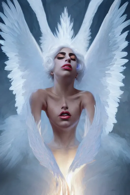 Image similar to lady gaga as a heavenly angel, anatomy, bathed in light, highly detailed, photorealistic, artstation, smooth, sharp focus, illustration, unreal engine 5, 8 k, art by artgerm and greg rutkowski and edgar maxence